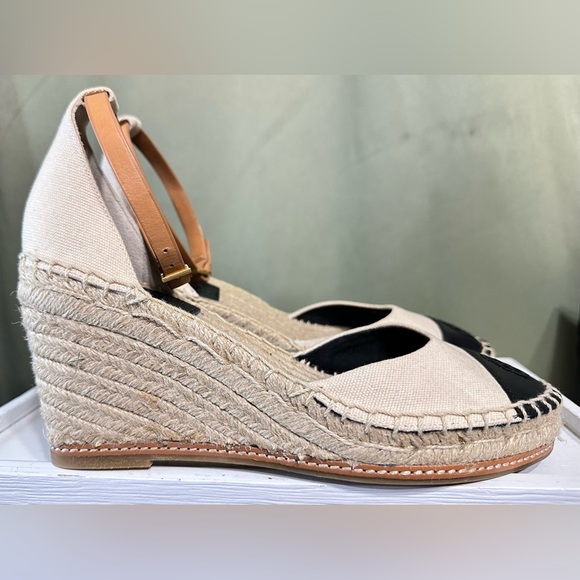 TORY BURCH Wedge Espadrille Sandal Cream & Black Size 8. - Picture 5 of 14